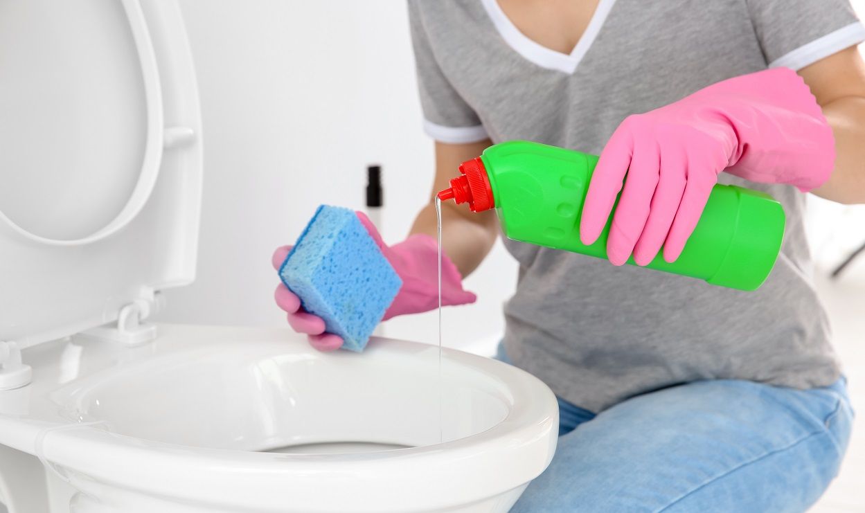 Hausfrau beim Toilette reinigen mit Hausmittel 