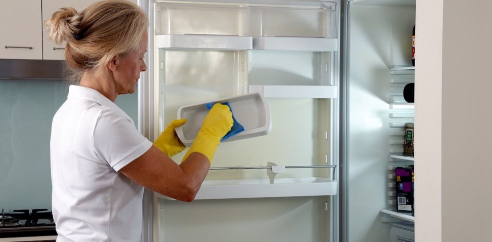 Hausfrau beim Kühlschrank reinigen